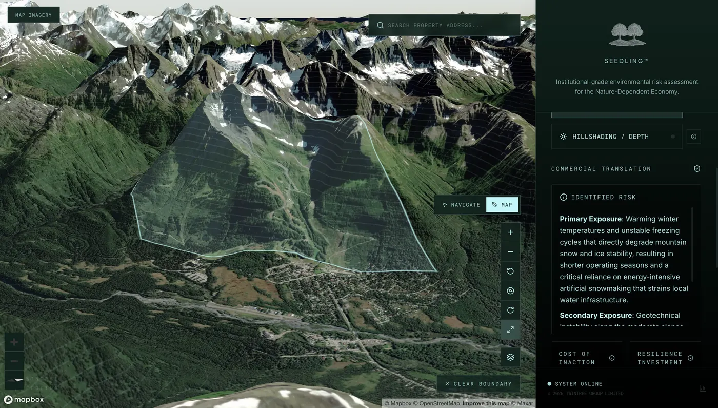 The Seedling interface: a 3D satellite view of an alpine valley with a drawn site boundary, beside a commercial translation panel listing identified primary and secondary climate exposures, cost of inaction and resilience investment.